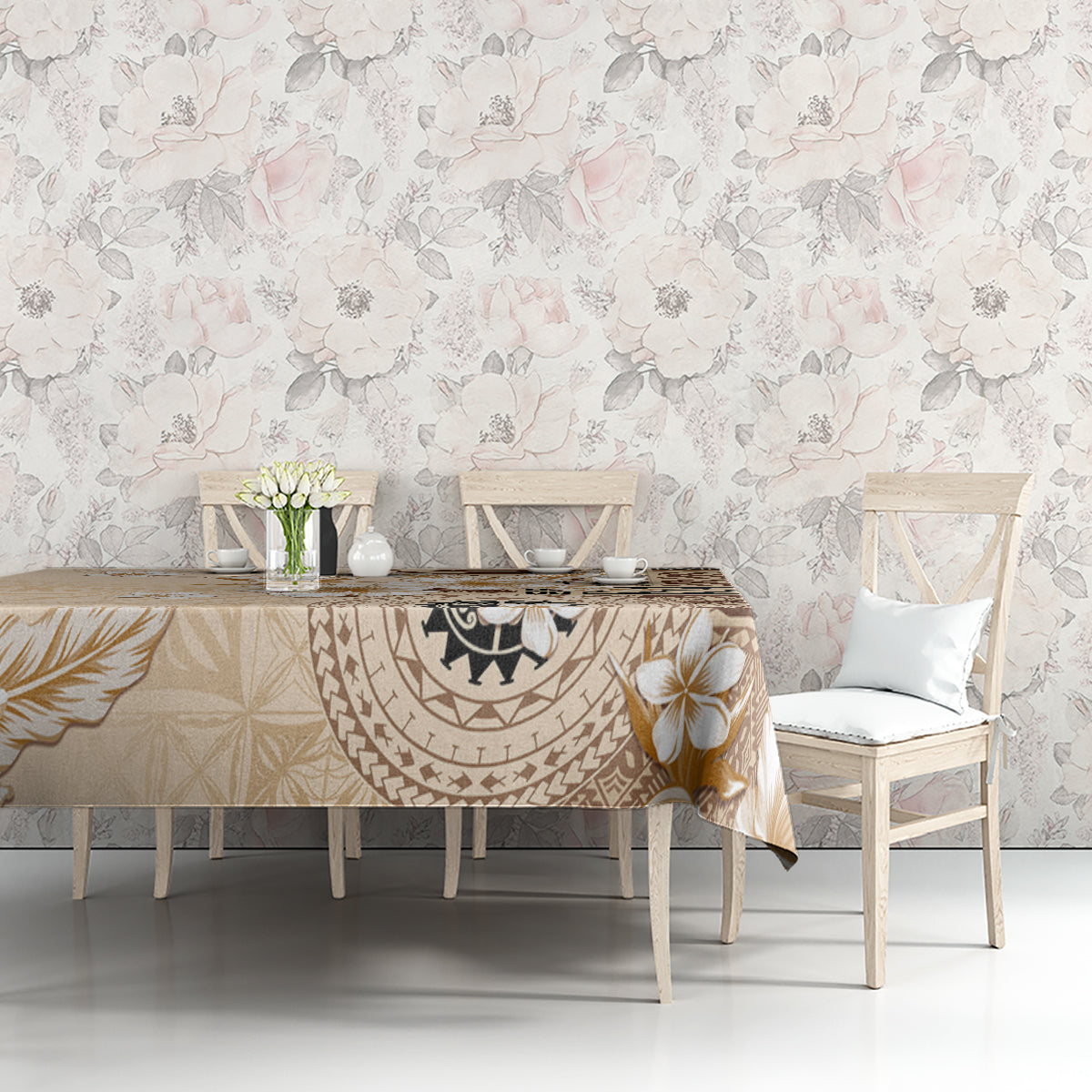 Samoa Siapo Pattern With Beige Hibiscus Tablecloth LT05 - Polynesian Pride