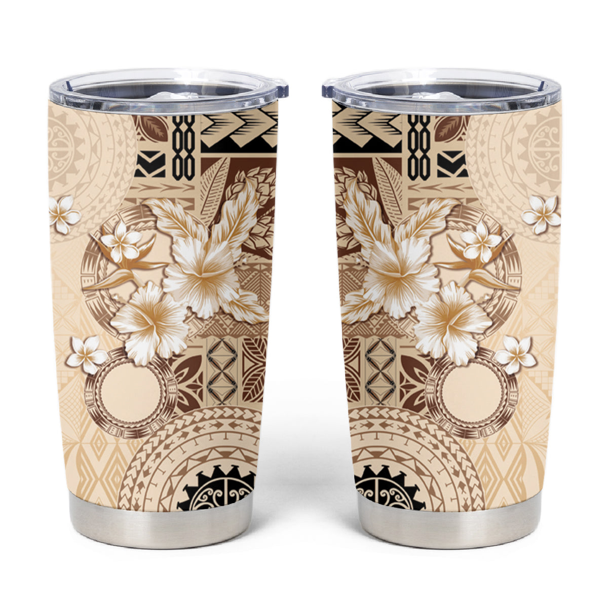 Samoa Siapo Pattern With Beige Hibiscus Tumbler Cup LT05 Beige - Polynesian Pride