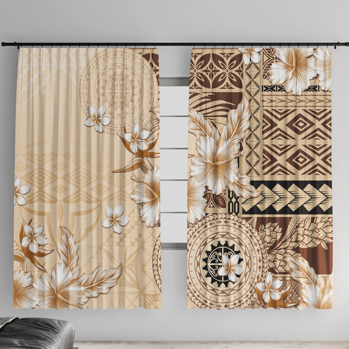 Samoa Siapo Pattern With Beige Hibiscus Window Curtain LT05 With Hooks Beige - Polynesian Pride