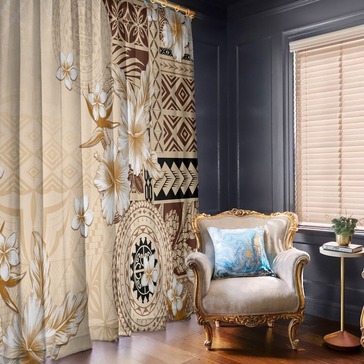 Samoa Siapo Pattern With Beige Hibiscus Window Curtain LT05 - Polynesian Pride