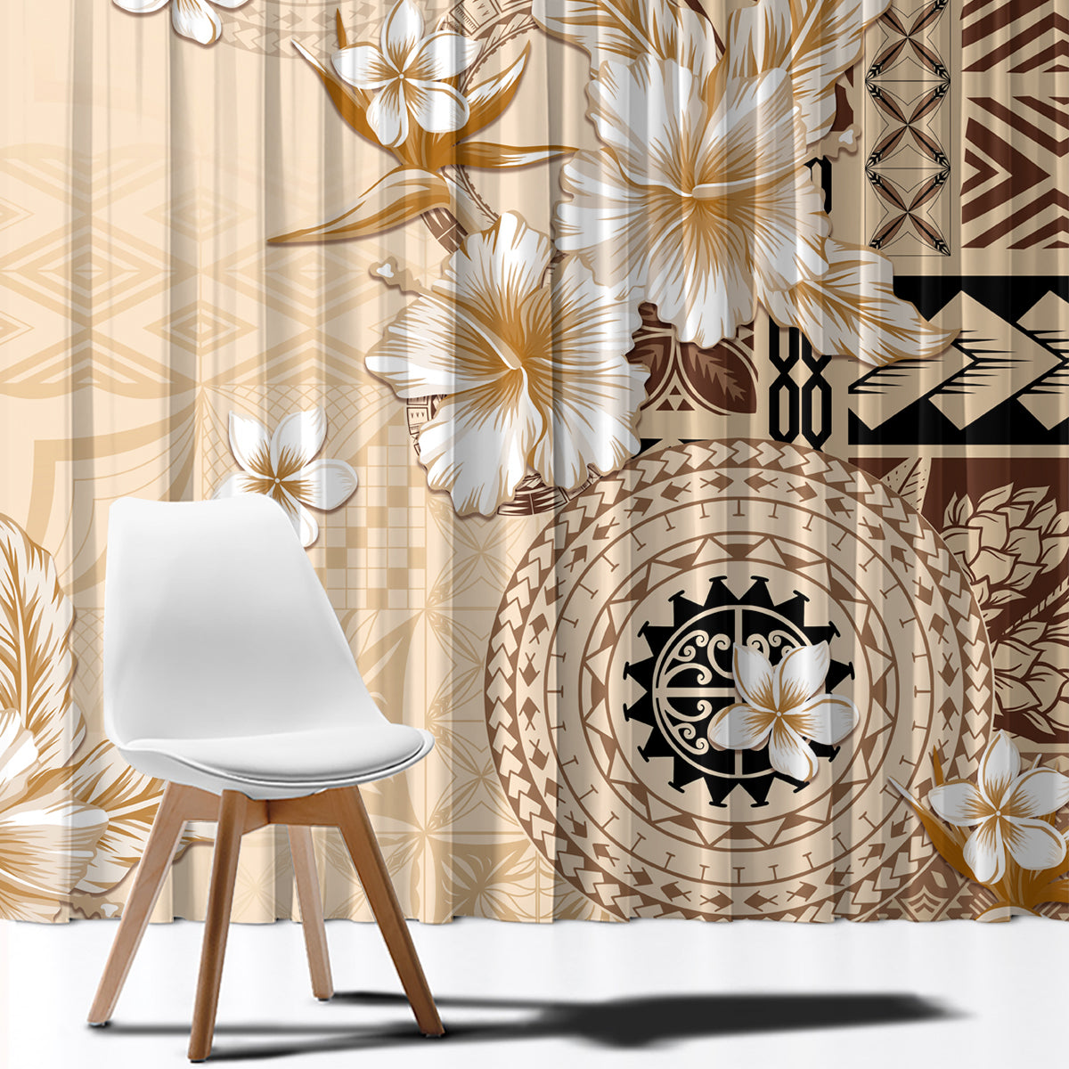 Samoa Siapo Pattern With Beige Hibiscus Window Curtain LT05 - Polynesian Pride