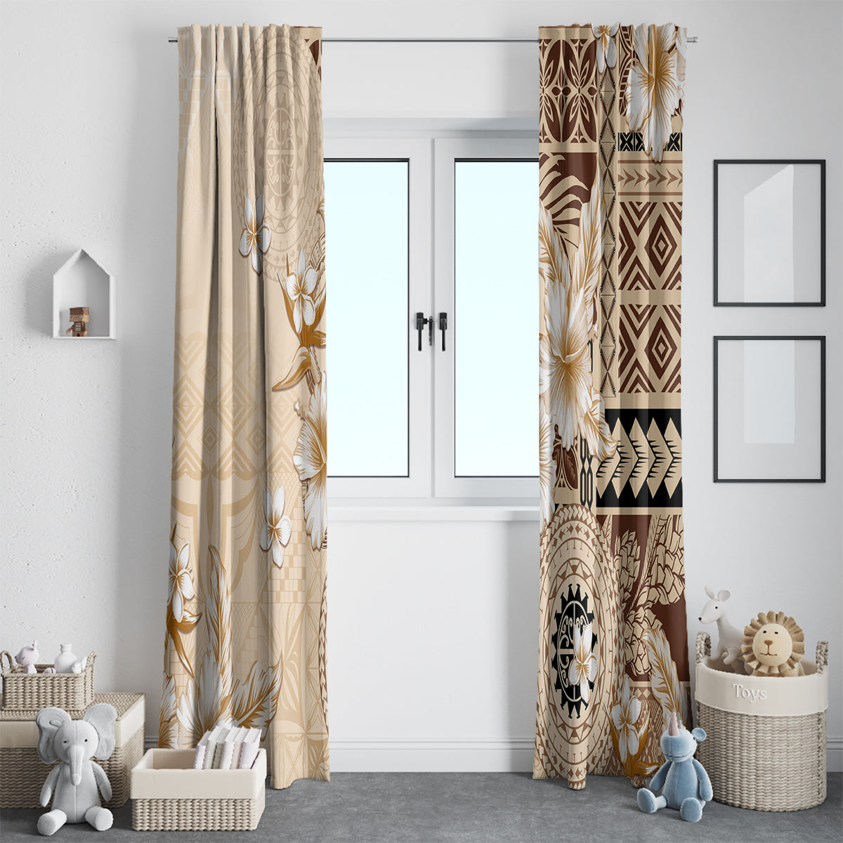 Samoa Siapo Pattern With Beige Hibiscus Window Curtain LT05 - Polynesian Pride