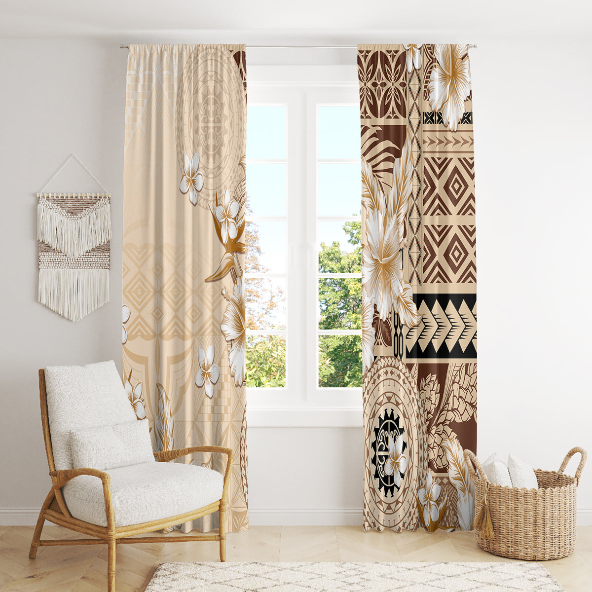 Samoa Siapo Pattern With Beige Hibiscus Window Curtain LT05 - Polynesian Pride