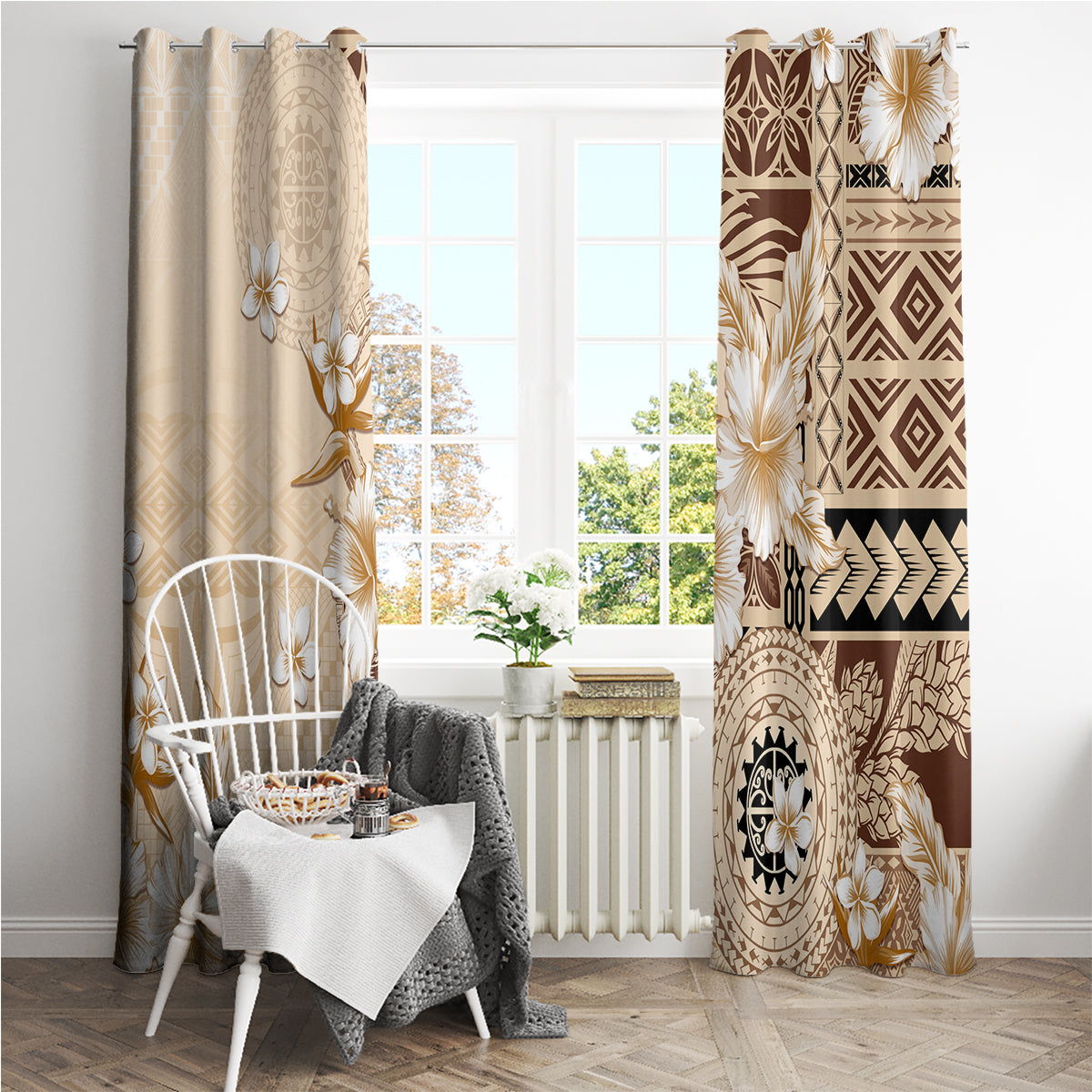 Samoa Siapo Pattern With Beige Hibiscus Window Curtain LT05 - Polynesian Pride