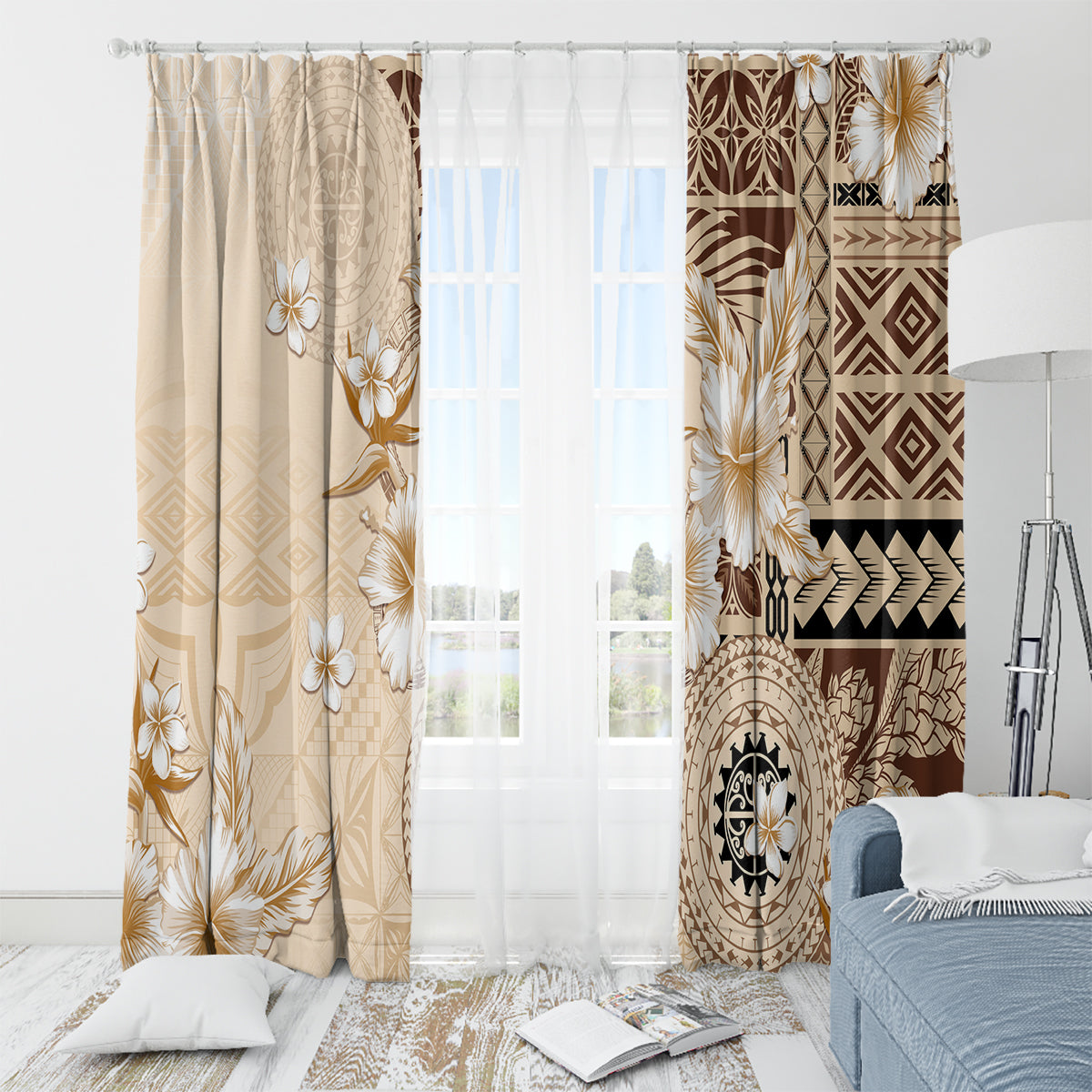 Samoa Siapo Pattern With Beige Hibiscus Window Curtain LT05 - Polynesian Pride