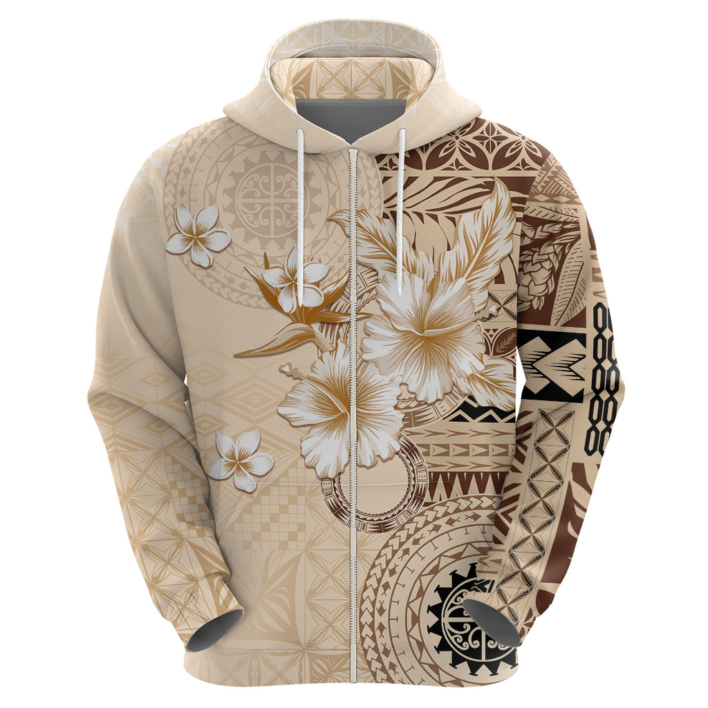Samoa Siapo Pattern With Beige Hibiscus Zip Hoodie LT05 - Polynesian Pride