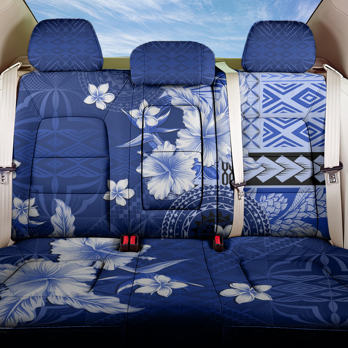 Samoa Siapo Pattern With Navy Hibiscus Back Car Seat Cover LT05 One Size Navy - Polynesian Pride
