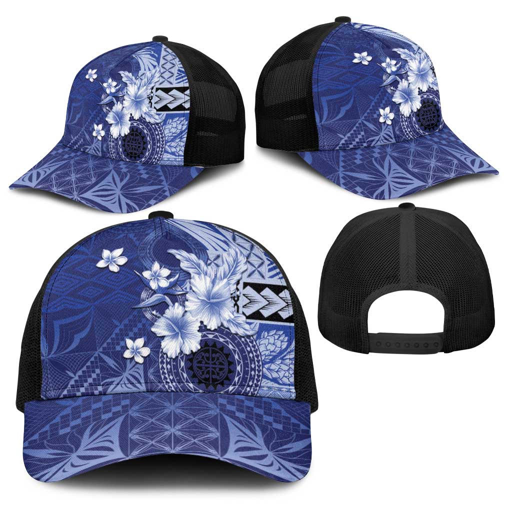 Samoa Siapo Pattern With Navy Hibiscus Baseball Net Cap LT05 - Polynesian Pride