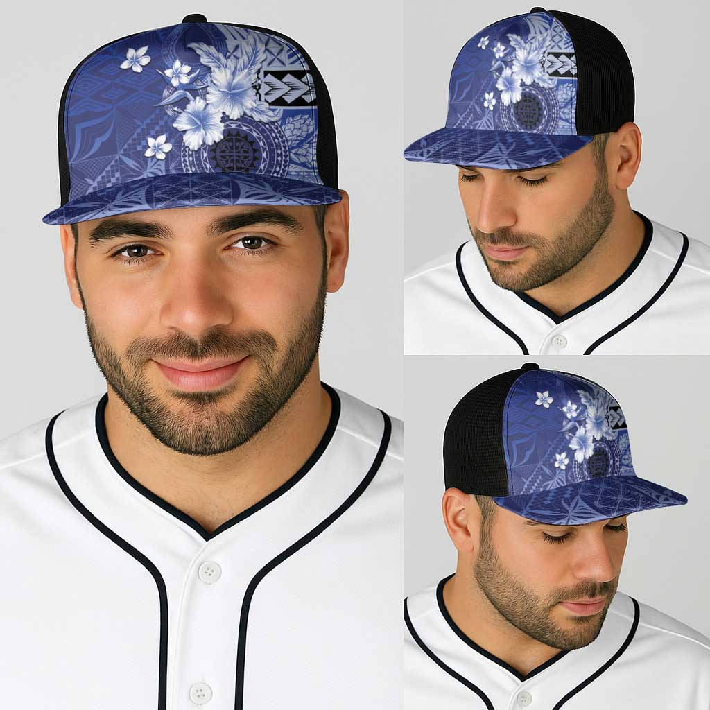 Samoa Siapo Pattern With Navy Hibiscus Baseball Net Cap LT05 - Polynesian Pride
