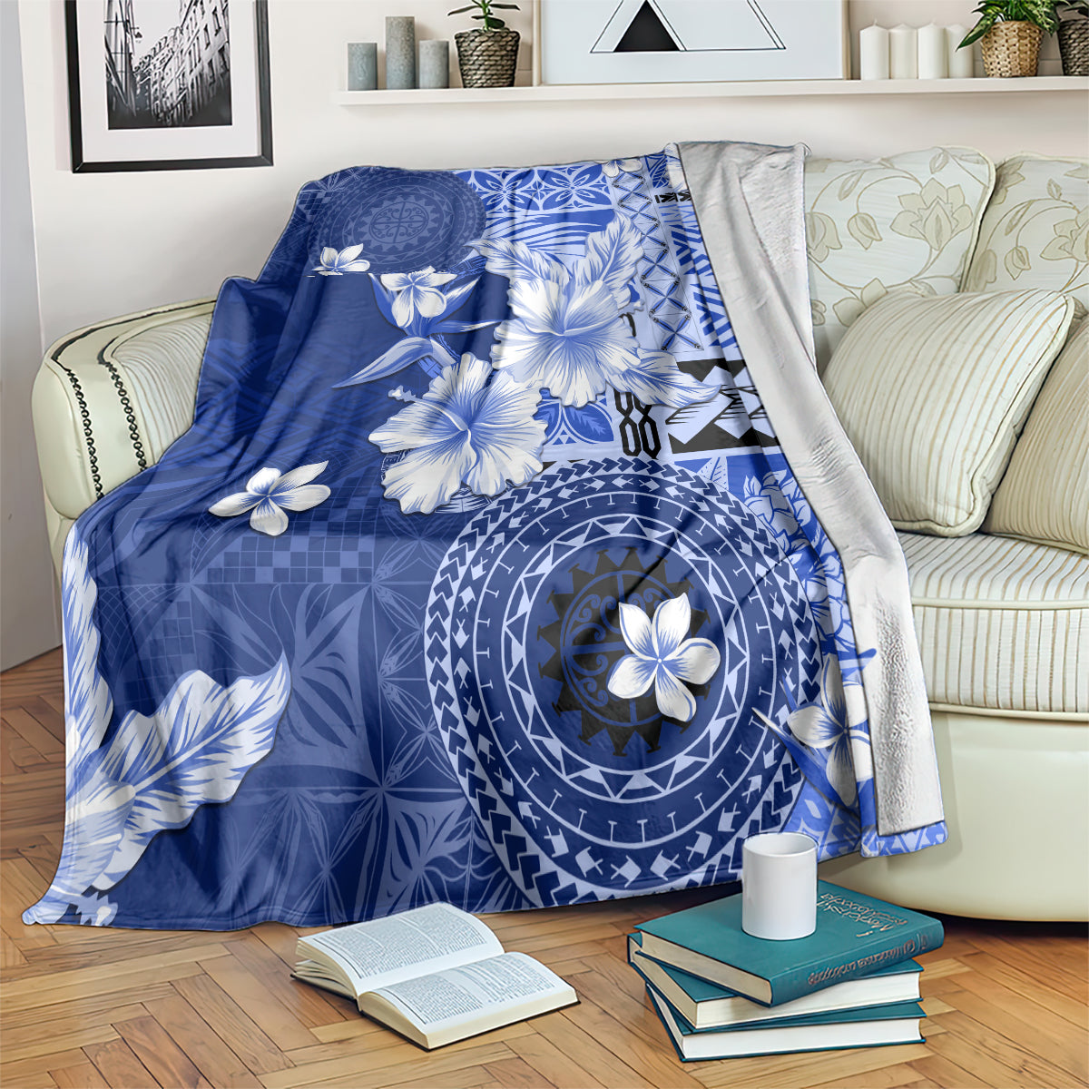 Samoa Siapo Pattern With Navy Hibiscus Blanket LT05 Navy - Polynesian Pride