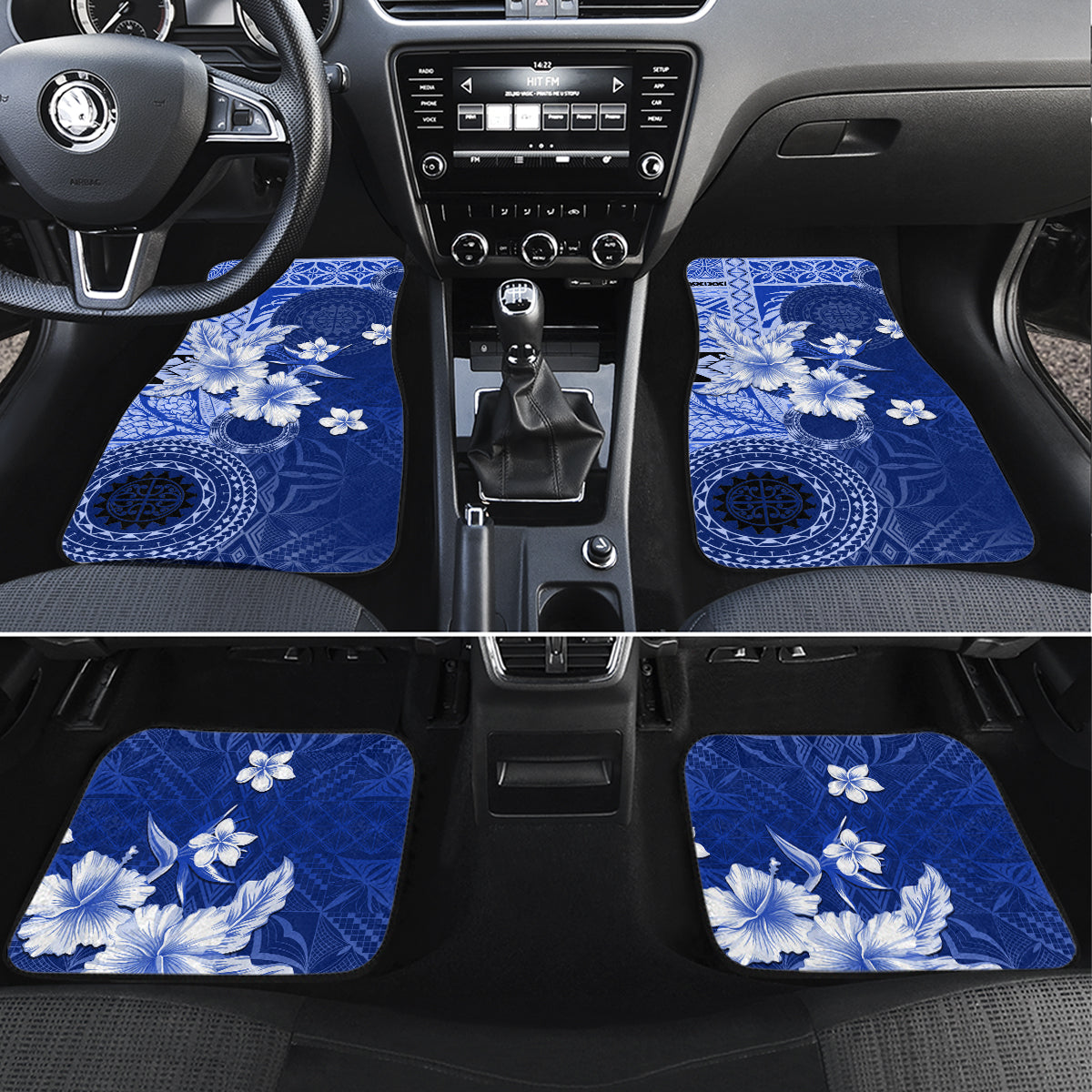Samoa Siapo Pattern With Navy Hibiscus Car Mats LT05 Set 4pcs Navy - Polynesian Pride