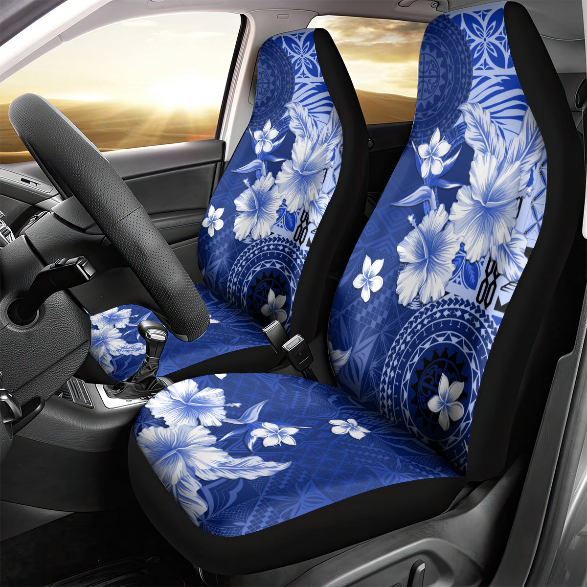 Samoa Siapo Pattern With Navy Hibiscus Car Seat Cover LT05 - Polynesian Pride