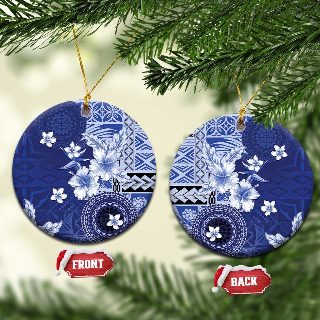 Samoa Siapo Pattern With Navy Hibiscus Ceramic Ornament LT05 Circle Navy - Polynesian Pride