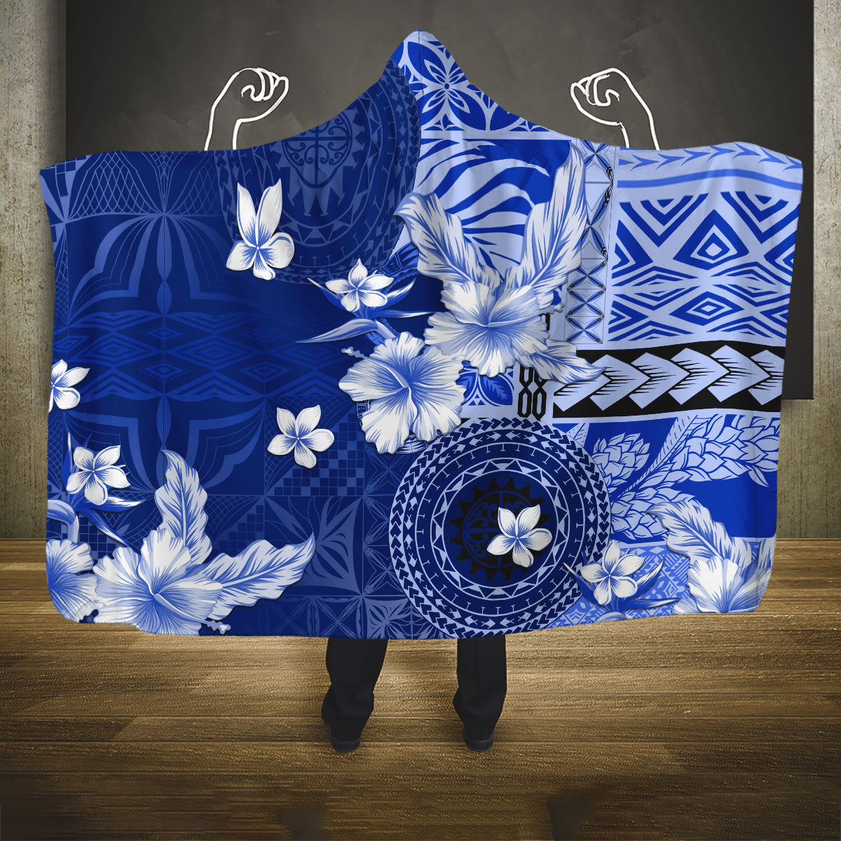 Samoa Siapo Pattern With Navy Hibiscus Hooded Blanket LT05 One Size Navy - Polynesian Pride