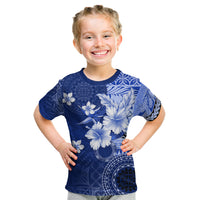 Samoa Siapo Pattern With Navy Hibiscus Kid T Shirt LT05 Navy - Polynesian Pride
