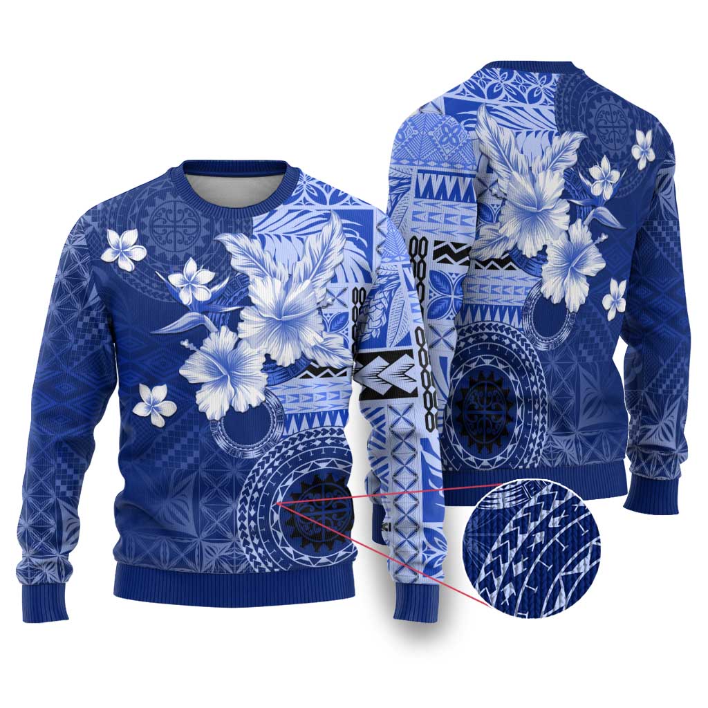 Samoa Siapo Pattern With Navy Hibiscus Ugly Christmas Sweater LT05 Navy - Polynesian Pride