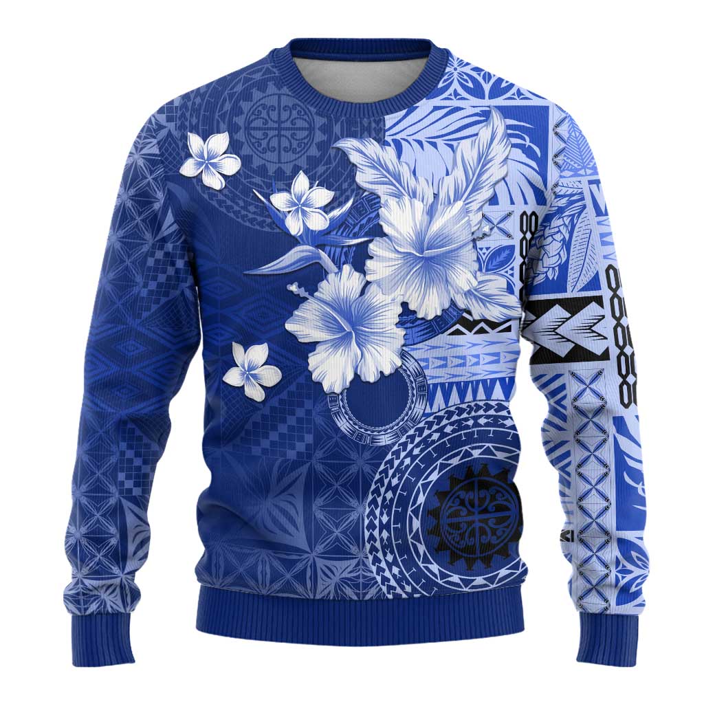 Samoa Siapo Pattern With Navy Hibiscus Ugly Christmas Sweater LT05 - Polynesian Pride