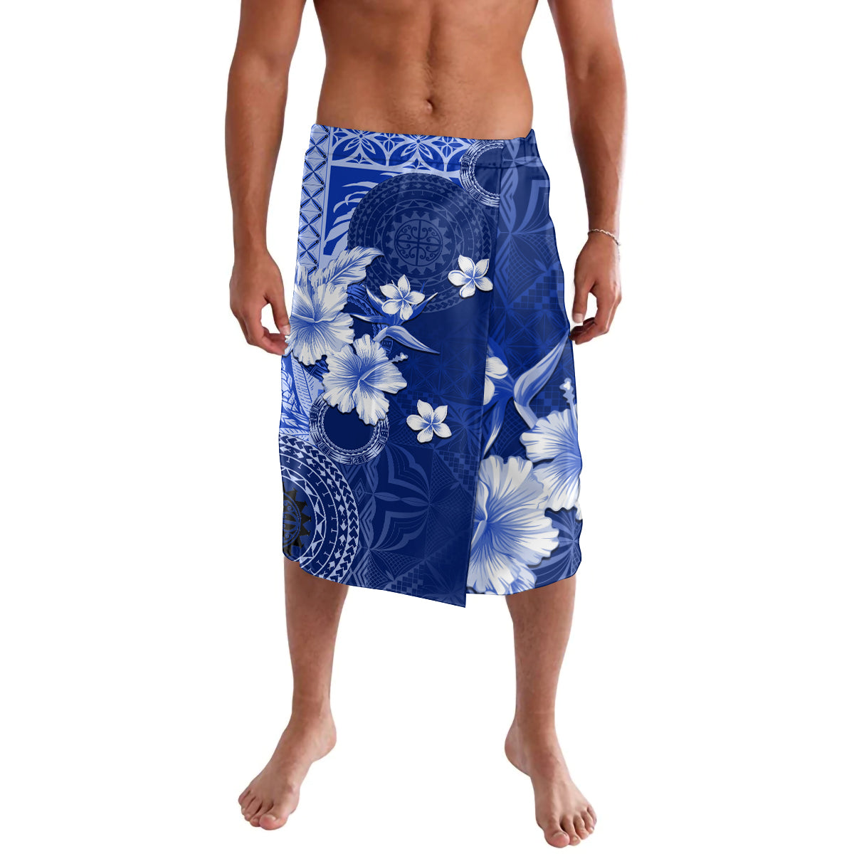 Samoa Siapo Pattern With Navy Hibiscus Lavalava LT05 Navy - Polynesian Pride