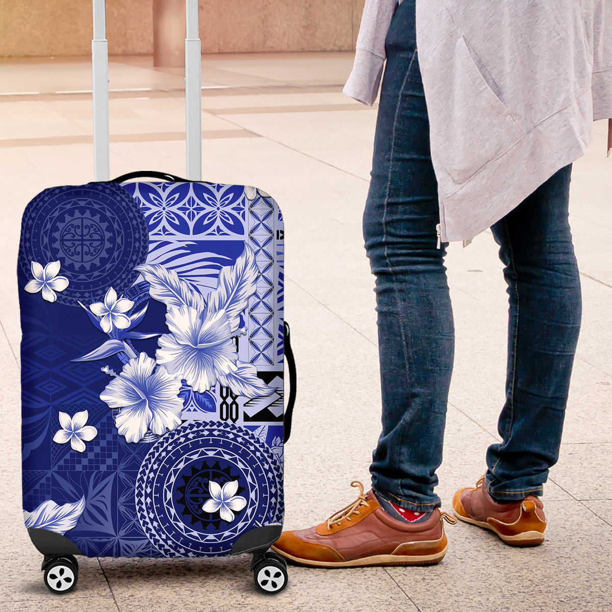 Samoa Siapo Pattern With Navy Hibiscus Luggage Cover LT05 Navy - Polynesian Pride