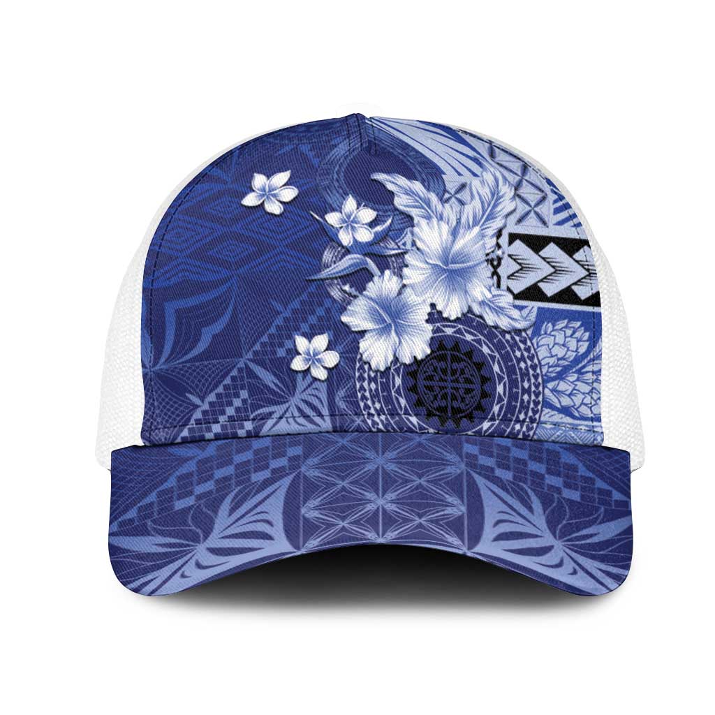 Samoa Siapo Pattern With Navy Hibiscus Mesh Trucker Cap LT05 One Size White Navy - Polynesian Pride