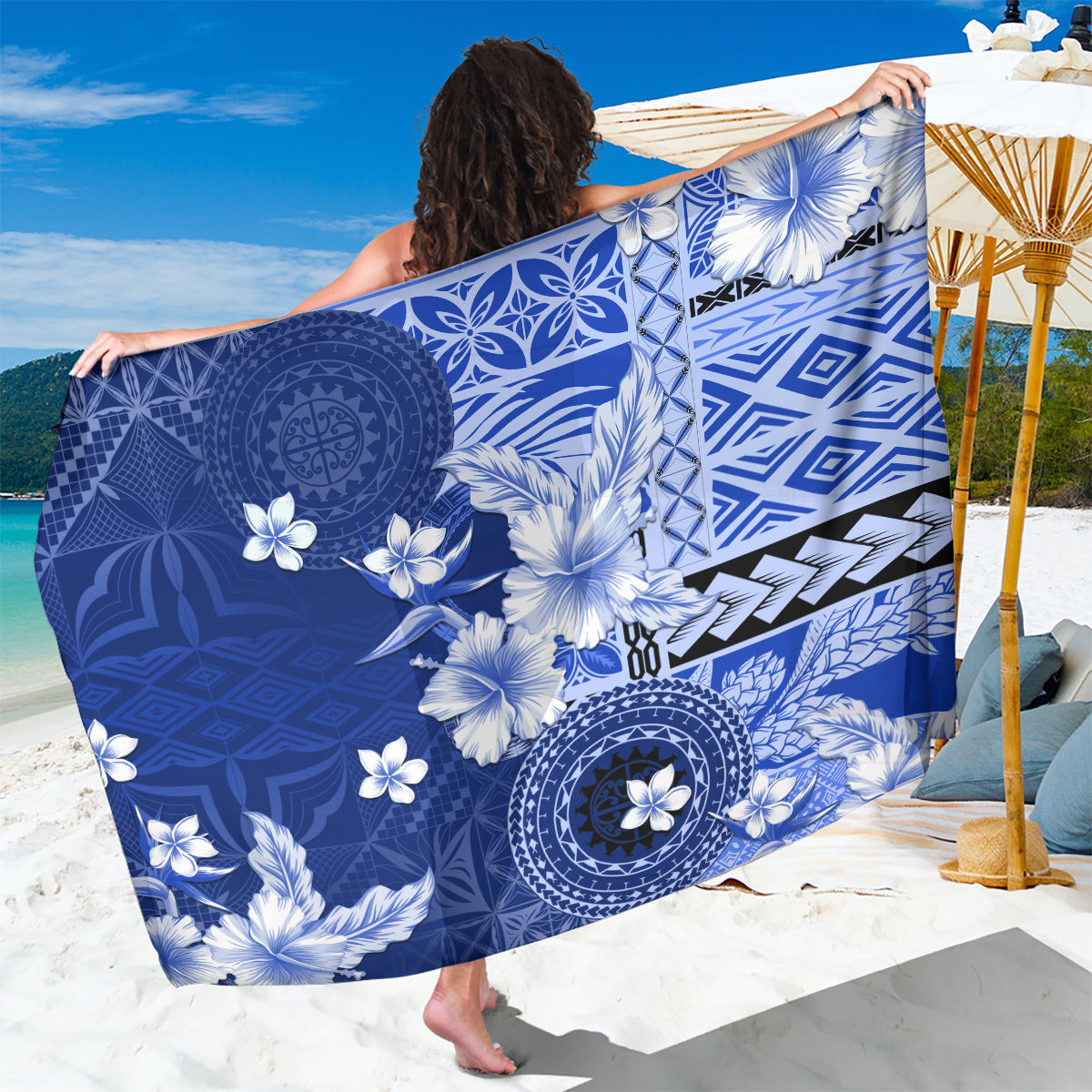 Samoa Siapo Pattern With Navy Hibiscus Sarong LT05 One Size 44 x 66 inches Navy - Polynesian Pride