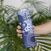 Samoa Siapo Pattern With Navy Hibiscus Skinny Tumbler LT05 - Polynesian Pride