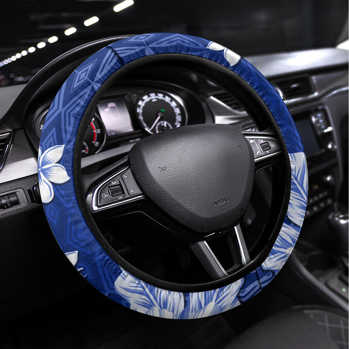 Samoa Siapo Pattern With Navy Hibiscus Steering Wheel Cover LT05 Universal Fit Navy - Polynesian Pride
