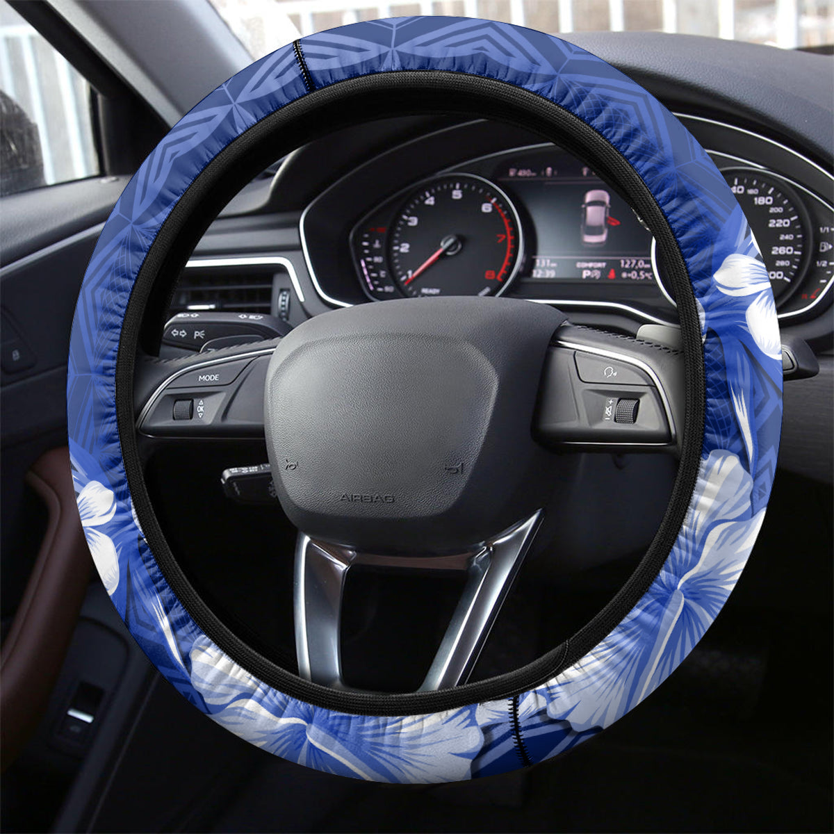 Samoa Siapo Pattern With Navy Hibiscus Steering Wheel Cover LT05 - Polynesian Pride