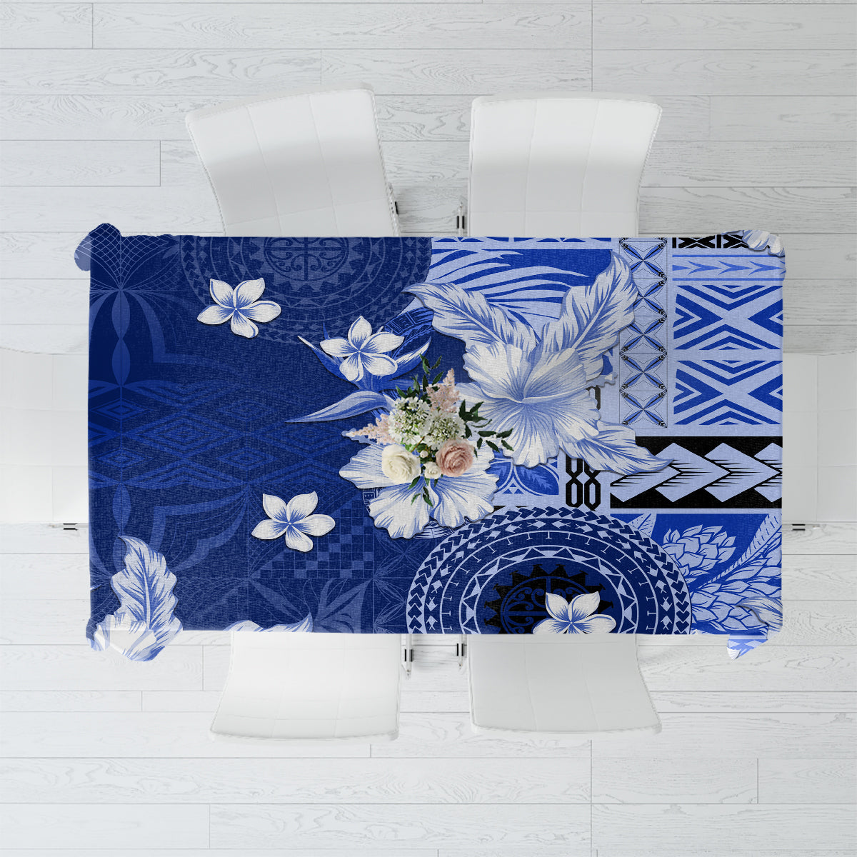 Samoa Siapo Pattern With Navy Hibiscus Tablecloth LT05 Navy - Polynesian Pride