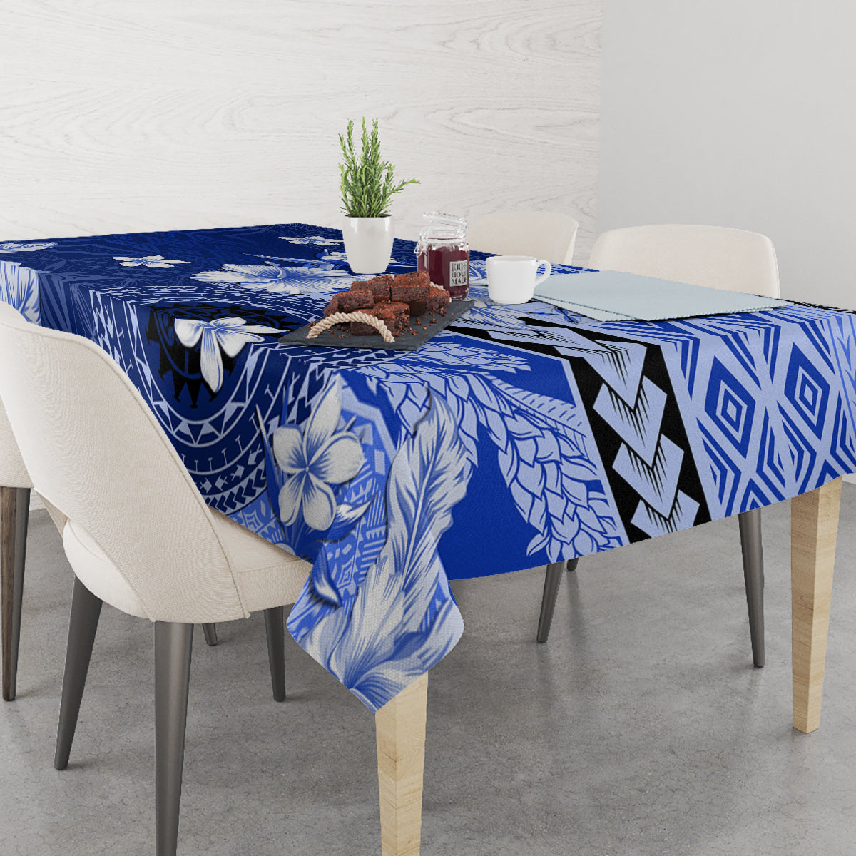 Samoa Siapo Pattern With Navy Hibiscus Tablecloth LT05 - Polynesian Pride