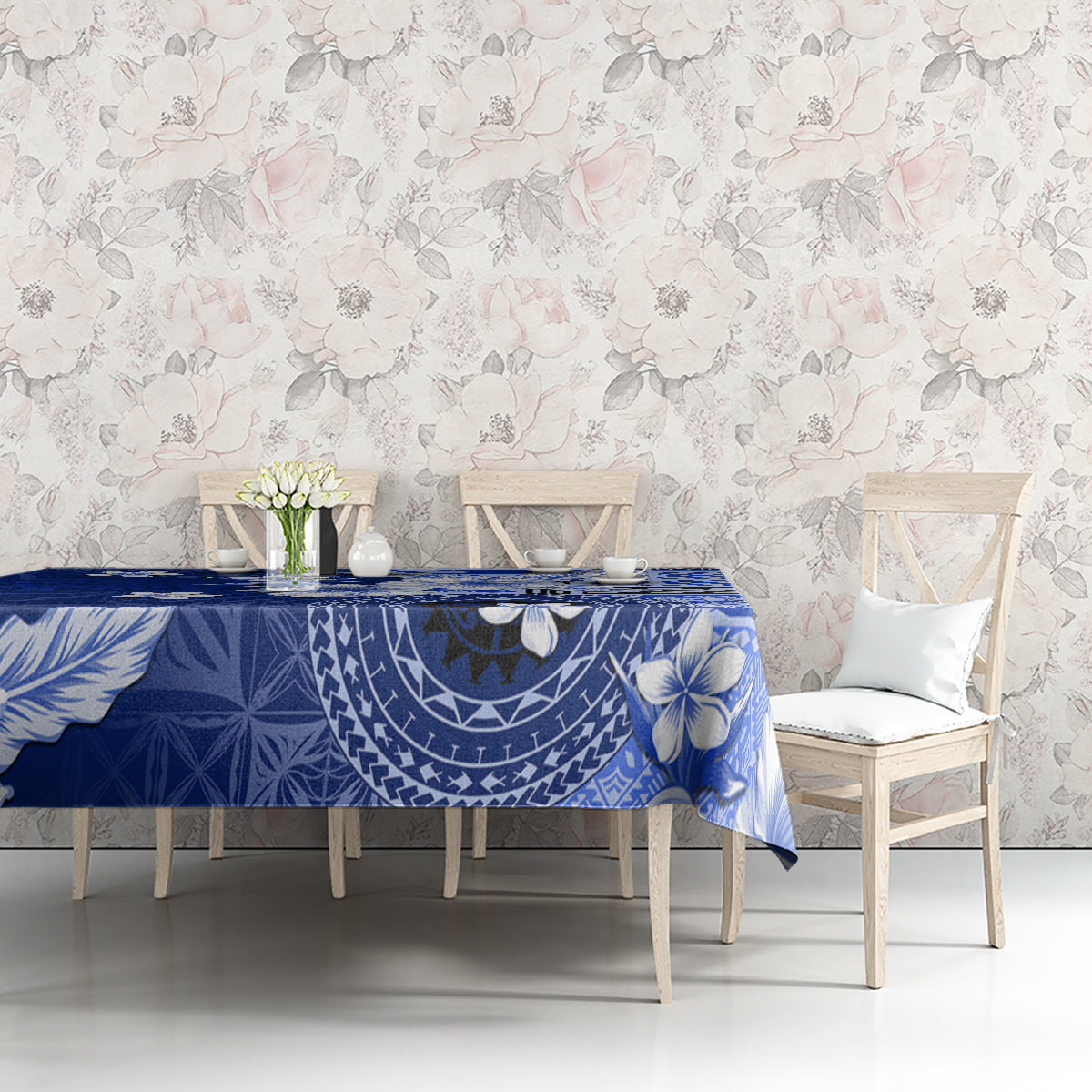 Samoa Siapo Pattern With Navy Hibiscus Tablecloth LT05 - Polynesian Pride