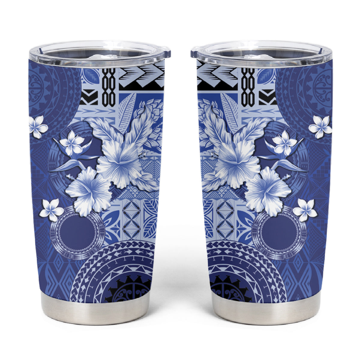 Samoa Siapo Pattern With Navy Hibiscus Tumbler Cup LT05 Navy - Polynesian Pride