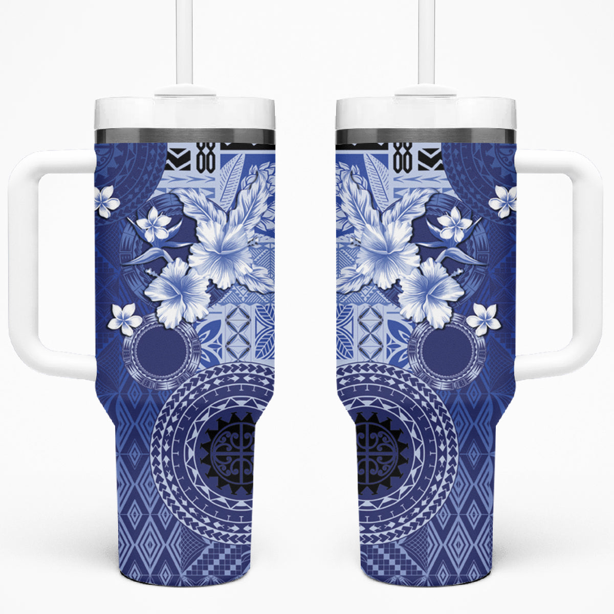 Samoa Siapo Pattern With Navy Hibiscus Tumbler With Handle LT05 One Size: 40 oz Navy - Polynesian Pride