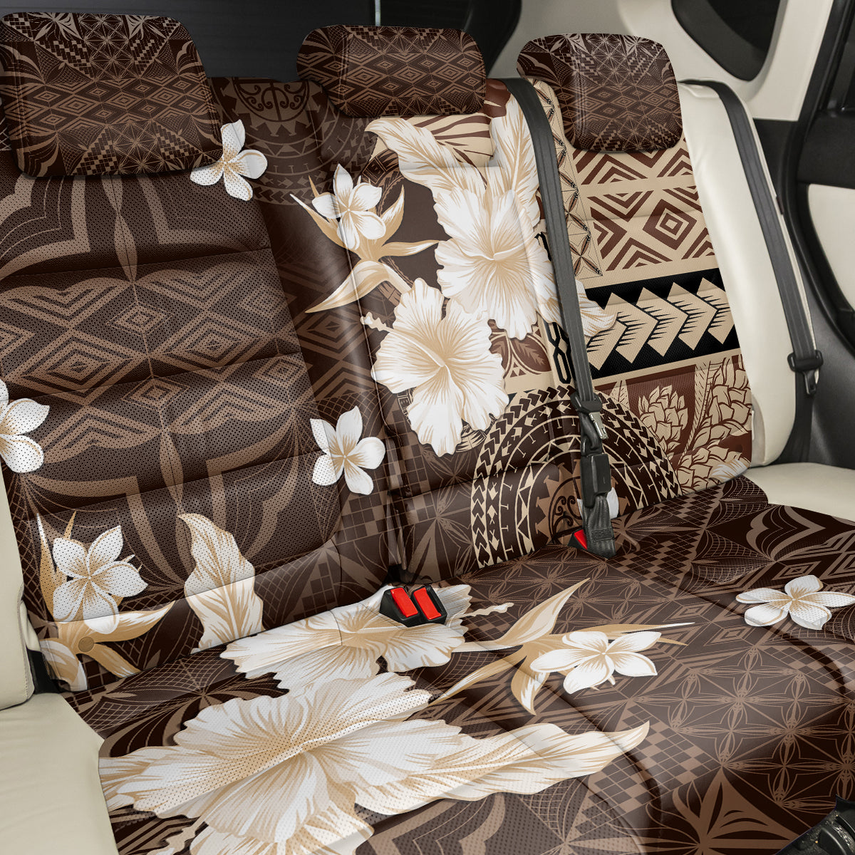 Samoa Siapo Pattern With Brown Hibiscus Back Car Seat Cover LT05 - Polynesian Pride