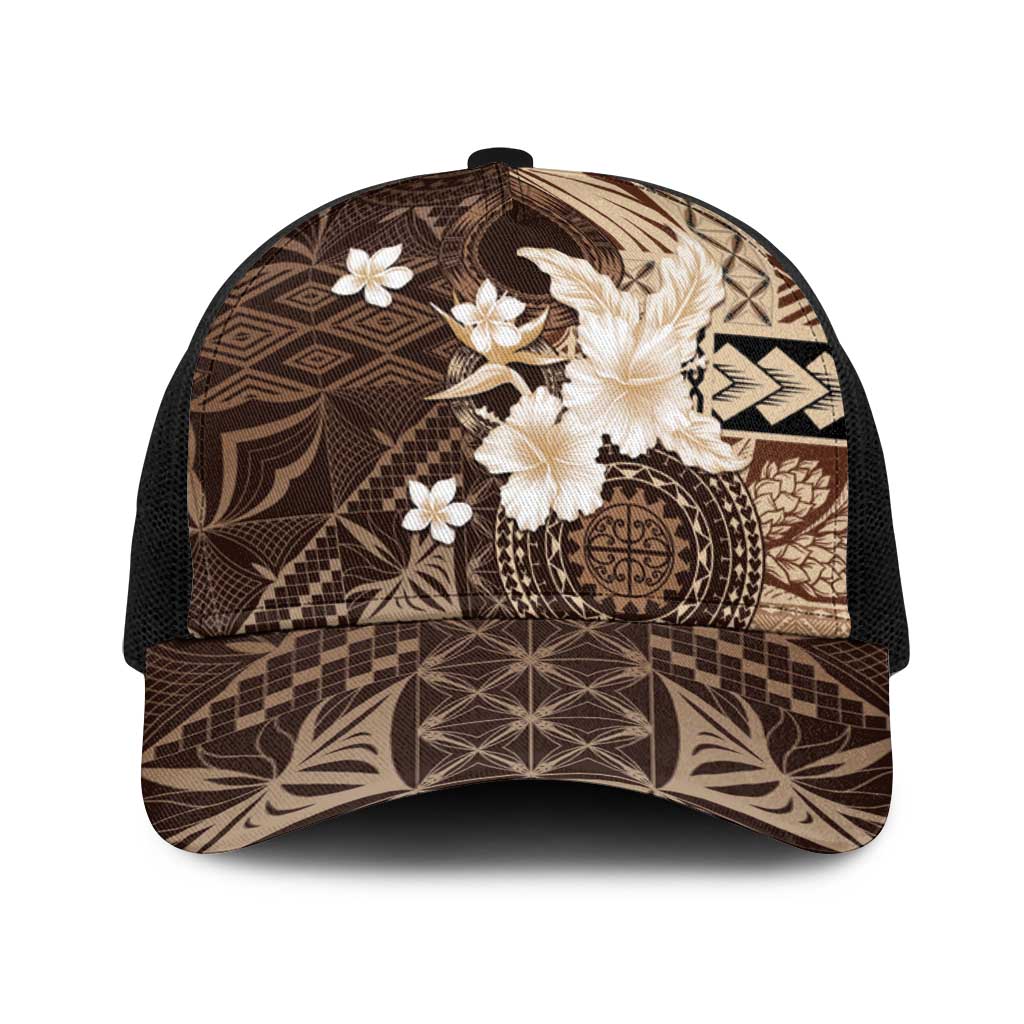 Samoa Siapo Pattern With Brown Hibiscus Baseball Net Cap LT05 One Size Black Brown - Polynesian Pride