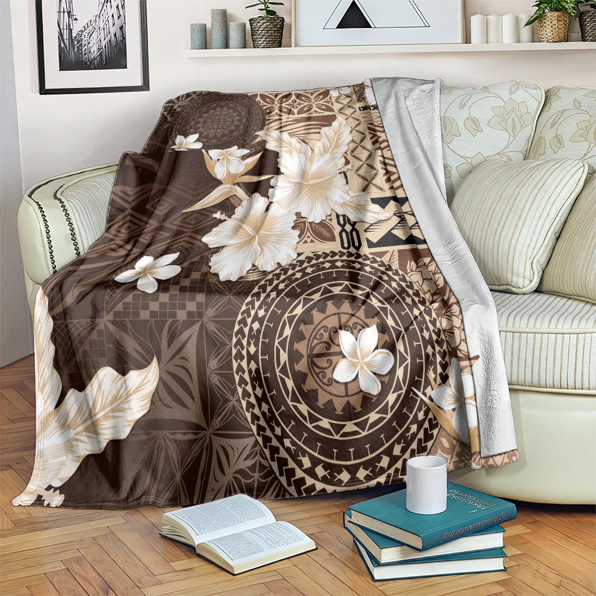 Samoa Siapo Pattern With Brown Hibiscus Blanket LT05 Brown - Polynesian Pride