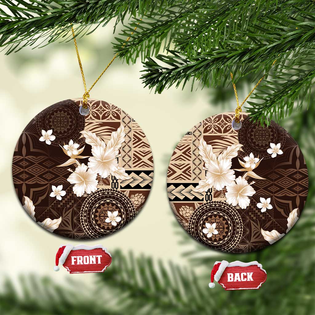 Samoa Siapo Pattern With Brown Hibiscus Ceramic Ornament LT05 Circle Brown - Polynesian Pride