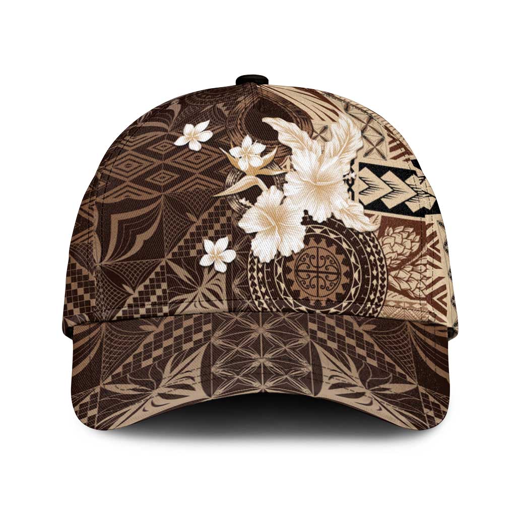 Samoa Siapo Pattern With Brown Hibiscus Classic Cap LT05 Universal Fit Brown - Polynesian Pride