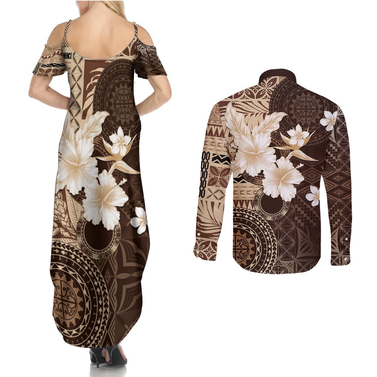 Samoa Siapo Pattern With Brown Hibiscus Couples Matching Summer Maxi Dress and Long Sleeve Button Shirt LT05 - Polynesian Pride