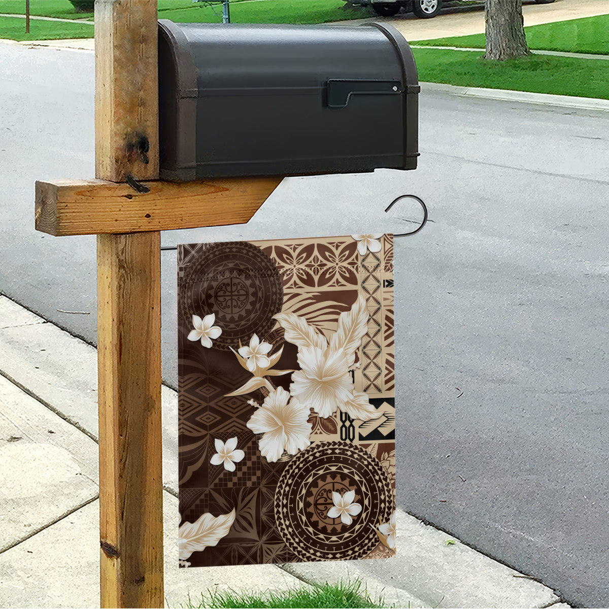 Samoa Siapo Pattern With Brown Hibiscus Garden Flag LT05 - Polynesian Pride