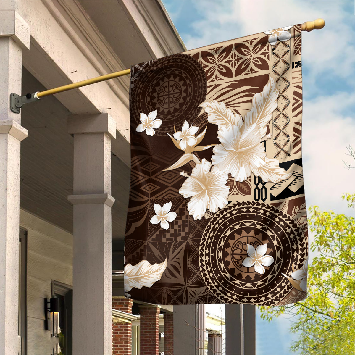 Samoa Siapo Pattern With Brown Hibiscus Garden Flag LT05 House Flag Brown - Polynesian Pride