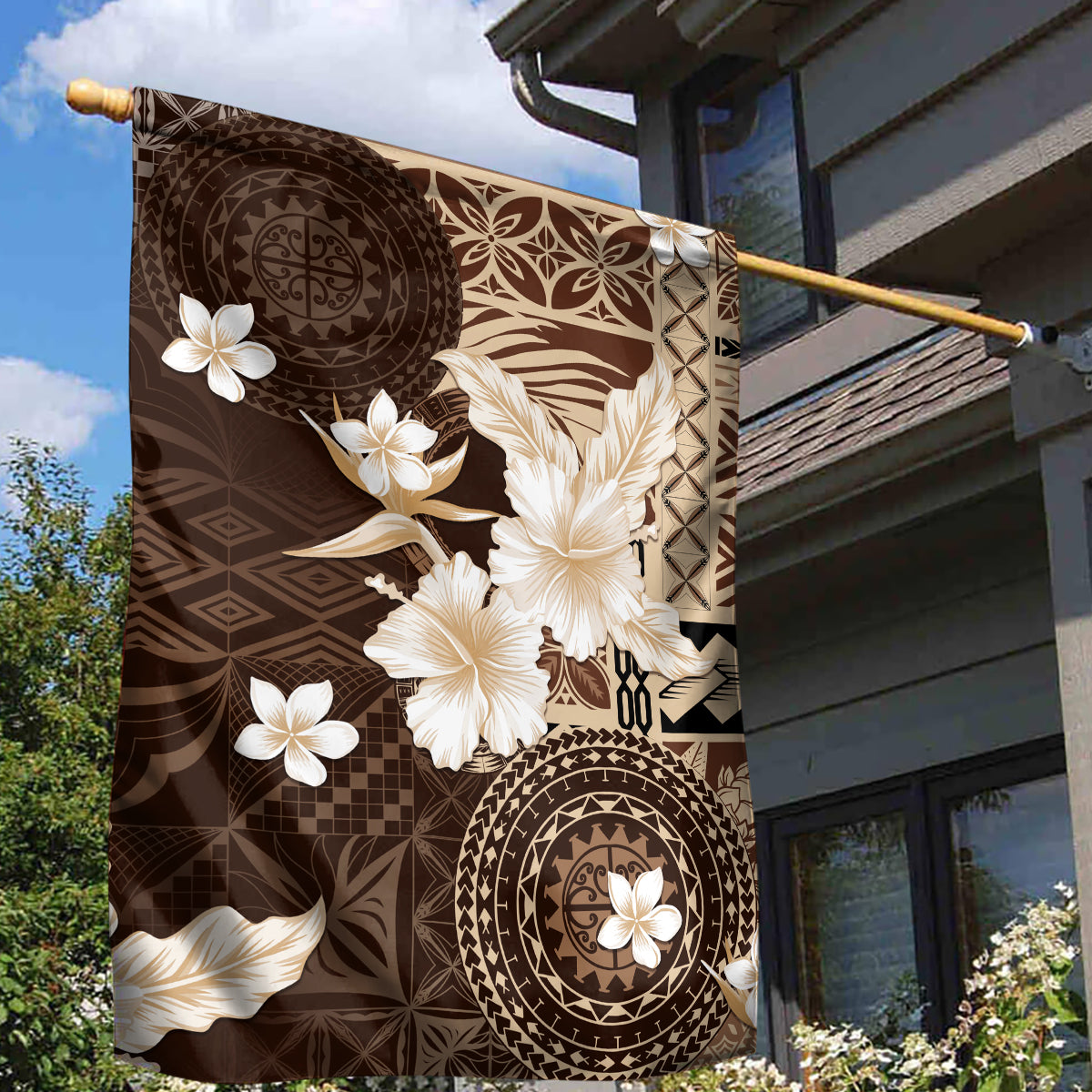 Samoa Siapo Pattern With Brown Hibiscus Garden Flag LT05 - Polynesian Pride