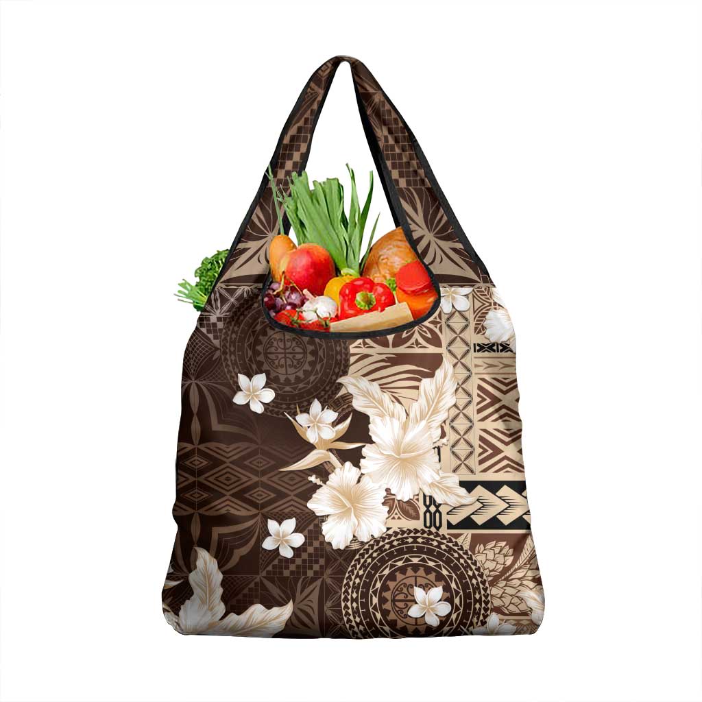 Samoa Siapo Pattern With Brown Hibiscus Grocery Bag LT05 1-pack One Size Brown - Polynesian Pride
