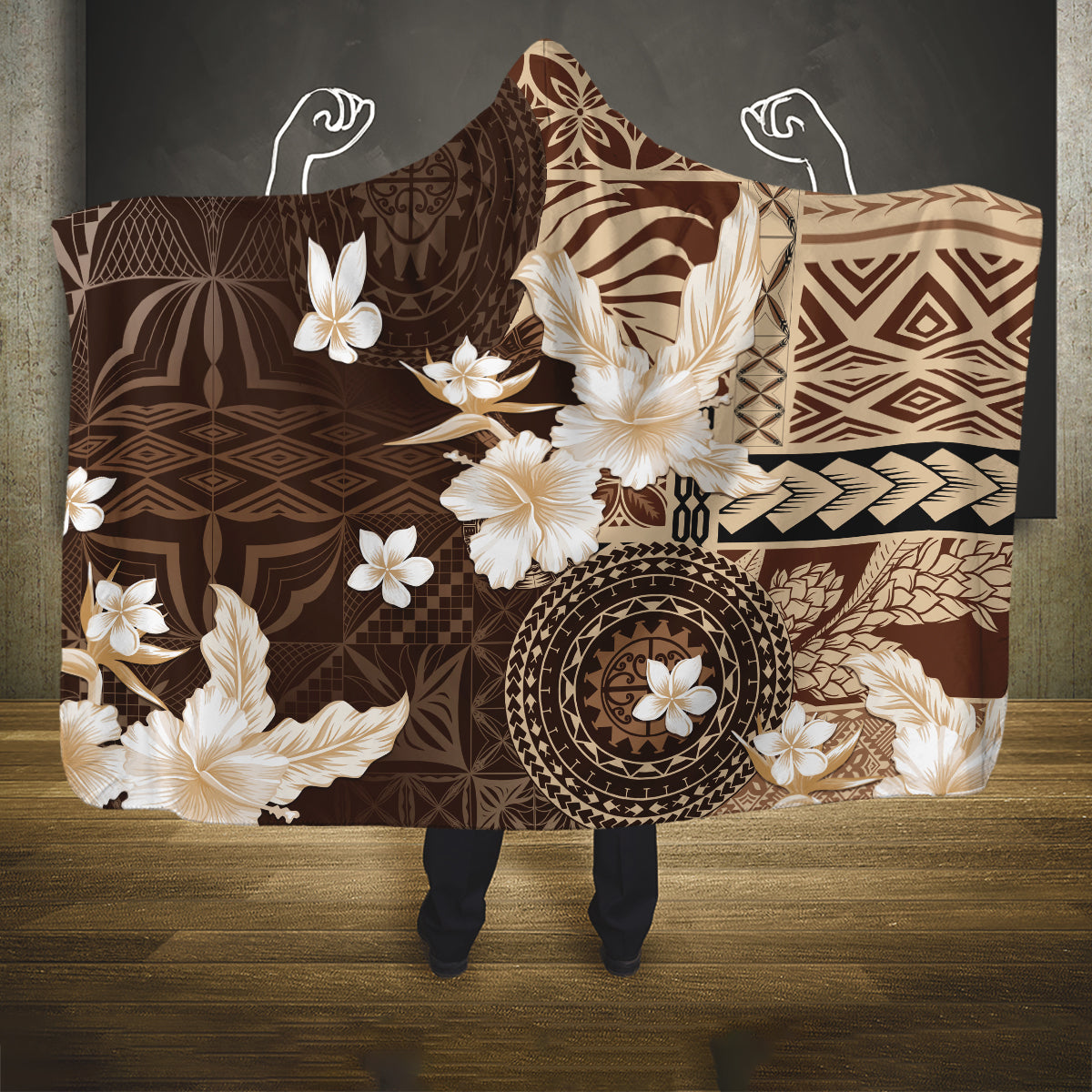 Samoa Siapo Pattern With Brown Hibiscus Hooded Blanket LT05 One Size Brown - Polynesian Pride