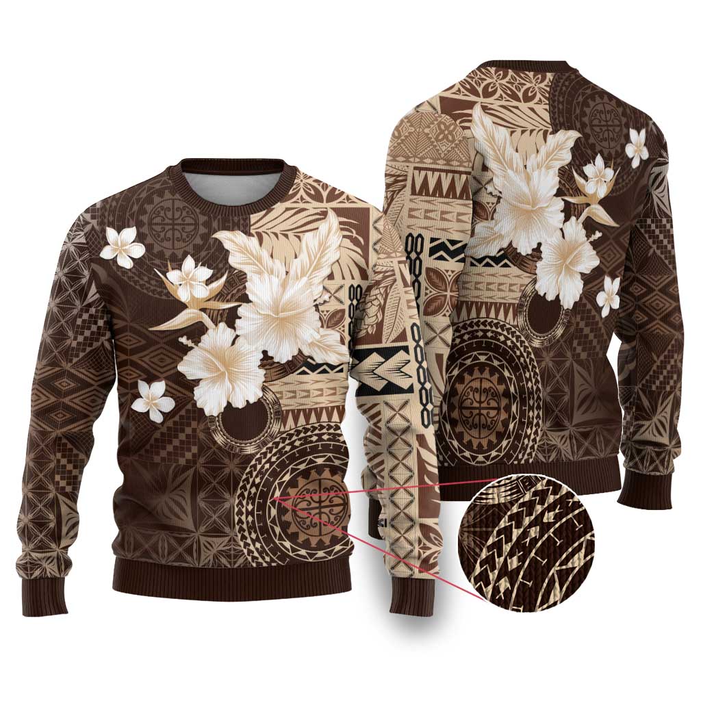 Samoa Siapo Pattern With Brown Hibiscus Ugly Christmas Sweater LT05 Brown - Polynesian Pride