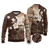 Samoa Siapo Pattern With Brown Hibiscus Ugly Christmas Sweater LT05 Brown - Polynesian Pride