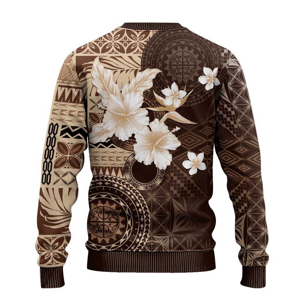 Samoa Siapo Pattern With Brown Hibiscus Ugly Christmas Sweater LT05 - Polynesian Pride