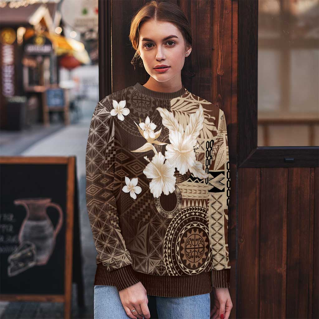 Samoa Siapo Pattern With Brown Hibiscus Ugly Christmas Sweater LT05 - Polynesian Pride