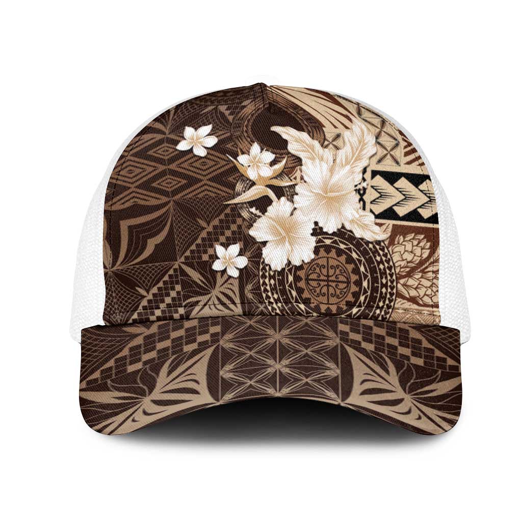 Samoa Siapo Pattern With Brown Hibiscus Mesh Trucker Cap LT05 One Size White Brown - Polynesian Pride