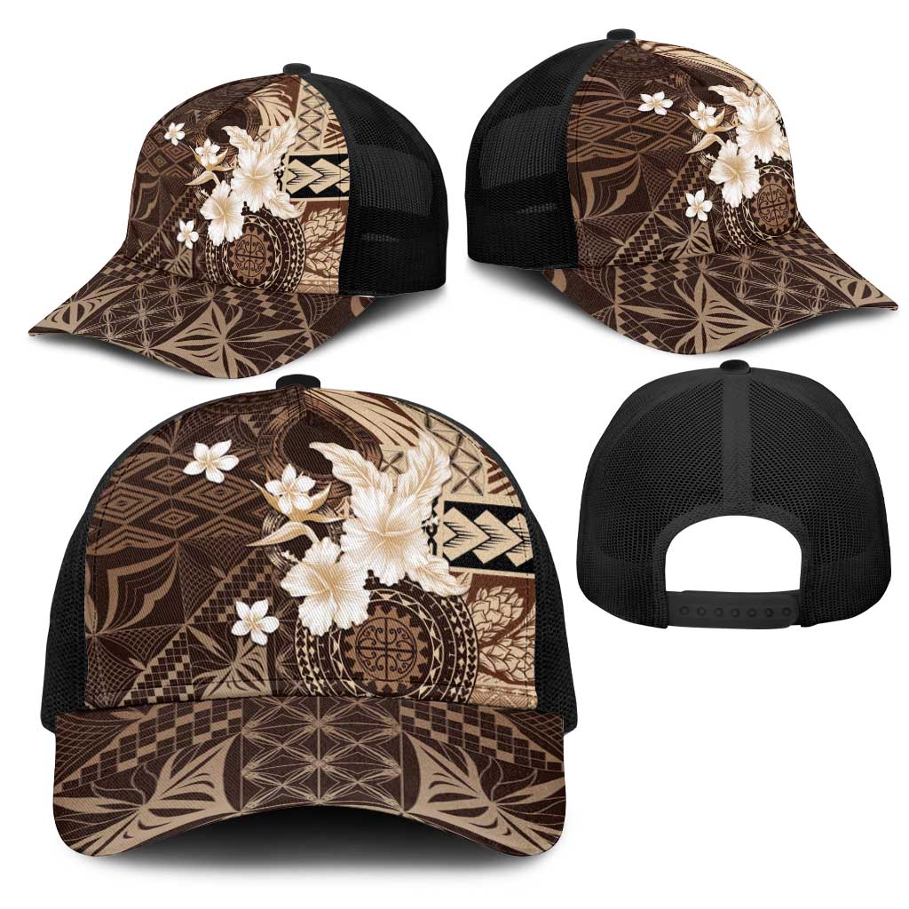 Samoa Siapo Pattern With Brown Hibiscus Mesh Trucker Cap LT05 - Polynesian Pride